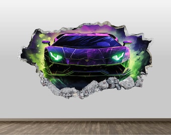 Sport Car Wall Decal - Fan Art Wall Sticker Neon Racing Car Smashed Wall Art Decor Race Kids Room Luxury Poster Print Gift Peel and Stick