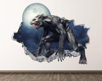 Varulv väggdekal - Väggdekal Mytisk Varg 3D Krossad Väggkonst Sovrumsdekor Vinyl Hemmaposter Tryck Anpassad Gåva