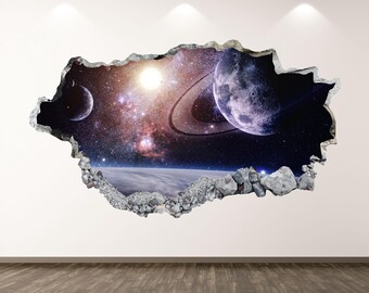 Outer Space Galaxy Wall Decal - Wall Sticker Planets Solar System Smashed Wall Art Decor Vinyl Home Poster Print Custom Gift Peel and Stick