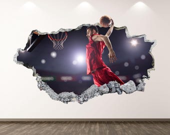 Basketball Player Wall Decal - Wall Sticker Sports Basketball Smashed Wall Art Kids Decor Vinyl Home Poster Print Custom Gift Peel and Stick