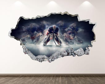 Hockey Player Wall Decal - Wall Sticker Hockey Goalie Smashed Wall Art Kids Decor Vinyl Home Poster Print Custom Gift Peel and Stick