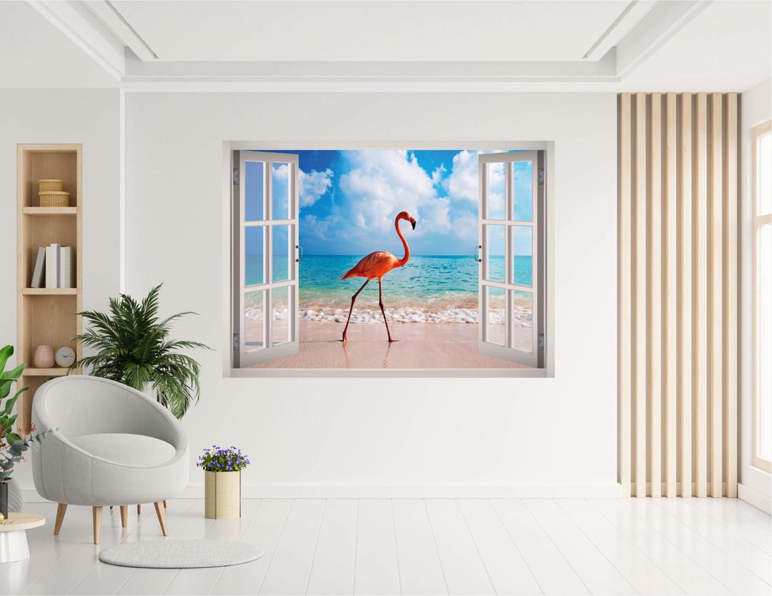 Flamingo Wall Decal - 3D Window Wall Sticker Animal Flock Smashed Wall ...