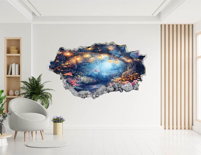 Może przedstawiać: Naklejka ścienna przedstawiająca iluzję 3D magicznej sceny leśnej. Grafika przedstawia świecący, niebieski las z wr&oacute;żkowymi światłami, kwiatami i ścieżką. Naklejka ma sprawiać wrażenie, że przebija się przez ścianę.