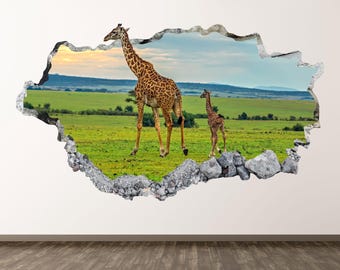 Giraffe Wall Decal - Wall Sticker Animal Safari 3D Smashed Wall Art Kids Room Decor Poster Print Gift Peel and Stick