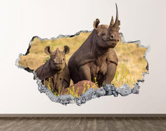 Rhinoceros Wall Decal - Wall Sticker Animal Safari Rhino 3D Smashed Wall Art Kids Room Decor Poster Print Gift Peel and Stick