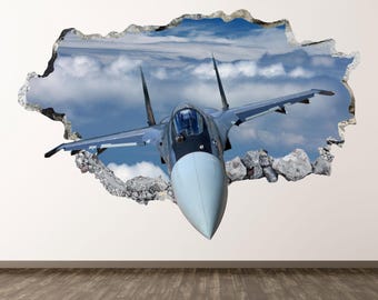 Fighter Aircraft Wall Decal - Wall Sticker Military Airplane Jet Smashed Wall Art Decor Vinyl Home Poster Print Custom Gift Peel and Stick