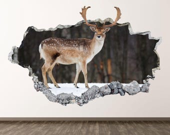 Deer Wall Decal 3D Smashed Hunting Animal Wall Art Bedroom Decor Vinyl Sticker Home Poster Print Custom Gift