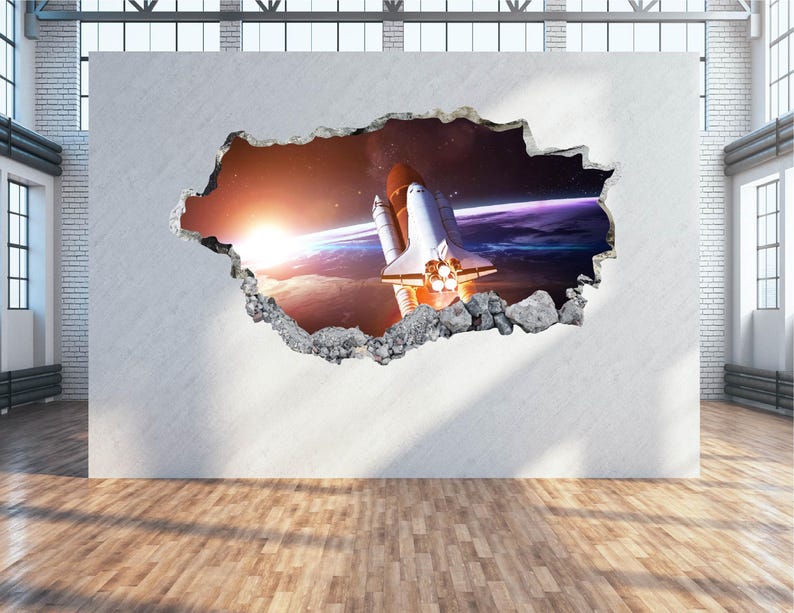 Rocket Ship Wall Decal - Wall Sticker Nasa Outer Space 3D Smashed Wall ...