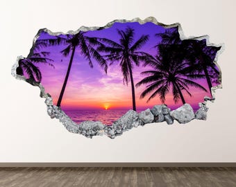 Landscape Beach Wall Art Decal - Wall Sticker Sunset Beach 3D Smashed Wall Decor Bedroom Vinyl Home Poster Print Custom Gift