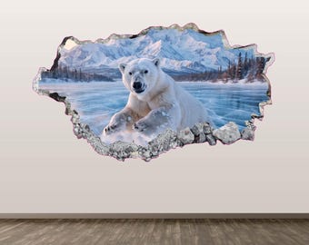 Polar Bear Wall Decal Animal Wall Sticker 3D Smashed Art Kids Room Decor Poster Mural