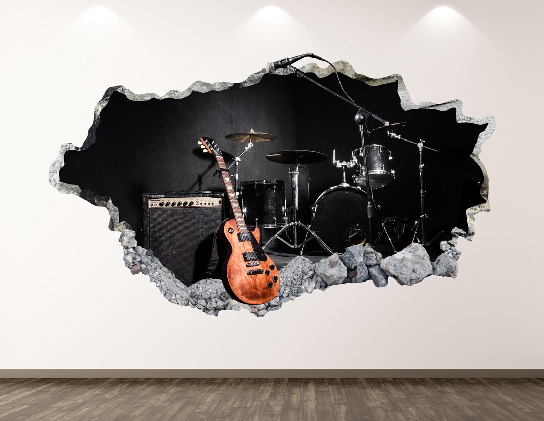 Electric Guitar Wall Decal - Wall Sticker Rock Band Smashed Wall Art ...
