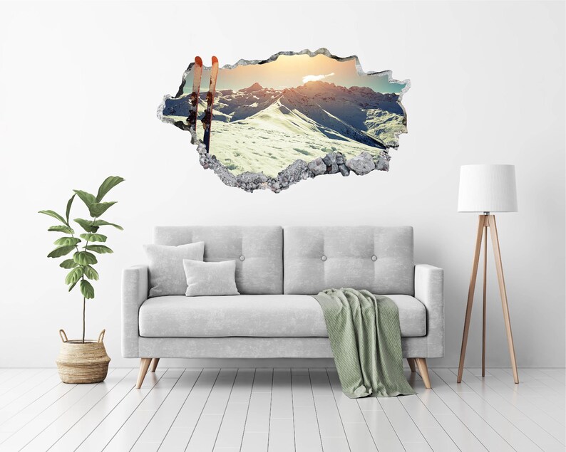 Skiing Wall Decal - Wall Sticker Mountain Skis 3D Smashed Wall Art Kids ...