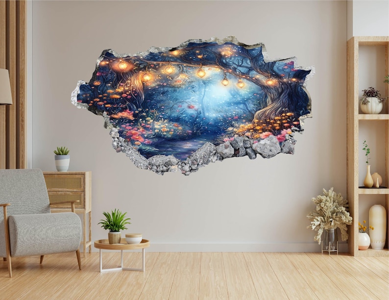 Może przedstawiać: Naklejka ścienna przedstawiająca iluzję 3D magicznej sceny leśnej. Grafika przedstawia tętniący życiem, świecący las z kolorowymi kwiatami, drzewami i wiszącymi światłami. Krawędzie naklejki mają wyglądać jak rozerwana ściana.