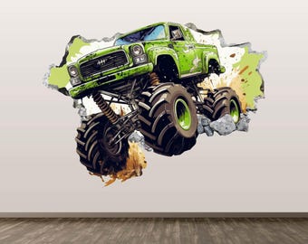 Cartoon Monster Truck Wall Decal Off Road Wall Sticker 3D Smashed Art Kids Room Decor Poster Mural Print Peel and Stick