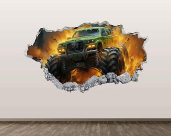 Off Road Wall Decal - Wall Sticker Monster Truck 3D Smashed Wall Art Kids Room Decor Vinyl Poster Print Gift Peel and Stick