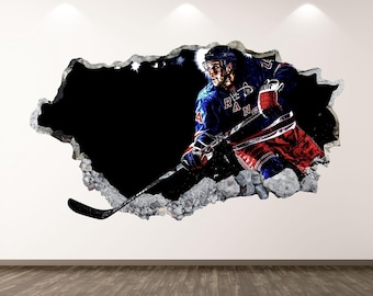 Hockey Player Wall Decal - Wall Sticker Sports Ice Hockey Smashed Wall Art Decor Vinyl Home Poster Print Custom Gift Peel and Stick