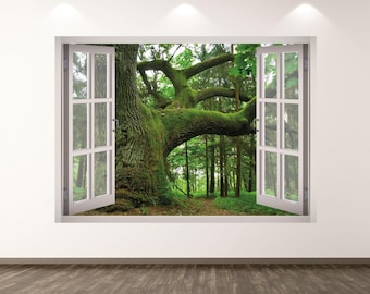 Forest Trees Wall Decal - 3D Window Wall Sticker Woodland View Wall Art Kids Decor Vinyl Home Poster Print Custom Gift