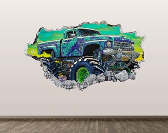 Monster Truck Wall Decal Cartoon Truck Wall Sticker 3D Smashed Art Kids Room Decor Poster Mural Print Peel and Stick