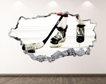 Ice Hockey Wall Decal - Wall Sticker Sports Hockey Player Smashed Wall Art Kids Room Decor Vinyl Home Poster Print Gift Peel and Stick