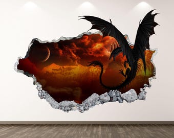 Dragon Wall Decal - Wall Sticker Fire Dragon Smashed Wall Art Kids Decor Vinyl Home Poster Print Custom Gift Peel and Stick