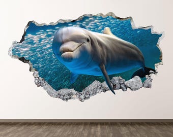 Dolphin Wall Decal - Wall Sticker Ocean Animal 3D Smashed Wall Art Kids Room Decor Poster Print Gift Peel and Stick