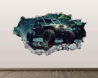ATV Wall Decal - Wall Sticker 4x4 Forest Expedition Jurassic Off Road 3D Smashed Wall Art Kids Room Decor Poster Print Gift Peel and Stick