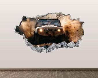 Off Road Wall Decal - Wall Sticker Desert All-Terrain Truck 4x4 3D Smashed Wall Art Decor Poster Print Gift Peel and Stick