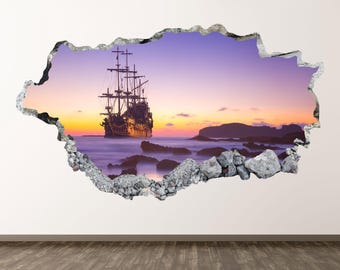 Väggdekor piratskepp - Väggdekor solnedgång vintageskepp krossat väggkonst barndekor vinyl hem affisch tryck personlig present skalbar och självhäftande