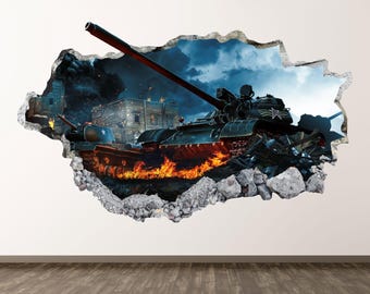 Väggdekal med krigsspel - Väggdekal med tank 3D-krossad väggkonst för barn, vinyl, heminredning, affischtryck, personlig present, skalbar och självhäftande