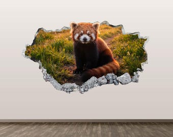 Red Panda Wall Decal Animal Wall Sticker 3D Smashed Art Kids Room Decor Poster Mural