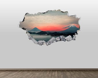 Volcano Wall Decal Mount Fuji Mountain Wall Sticker 3D Smashed Art Kids Room Decor Poster Mural Print Peel and Stick