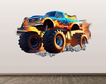 Fire Monster Truck Wall Decal - Wall Sticker Cartoon Truck 3D Smashed Wall Art Kids Room Decor Poster Print Gift Peel and Stick