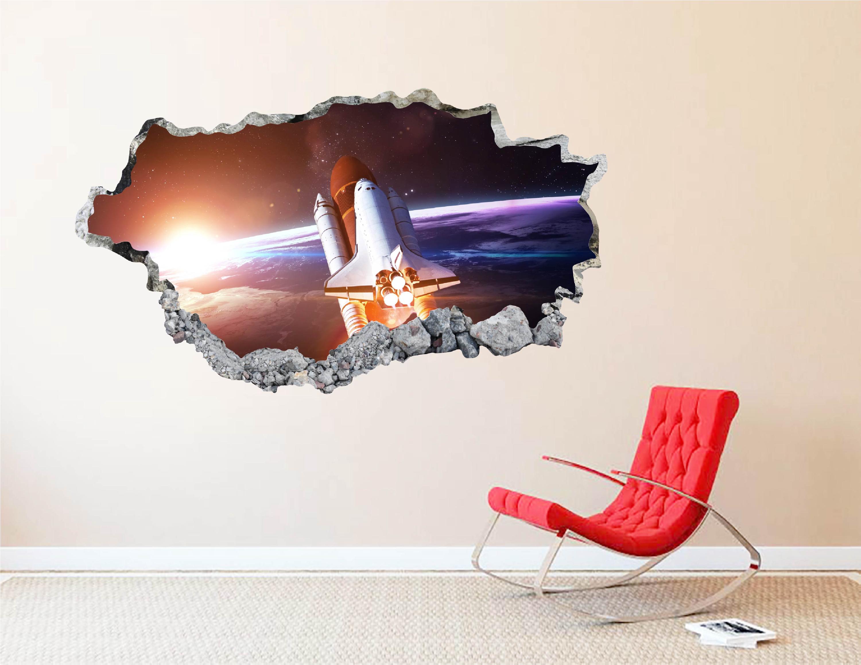 Rocket Ship Wall Decal - Wall Sticker Nasa Outer Space 3D Smashed Wall ...