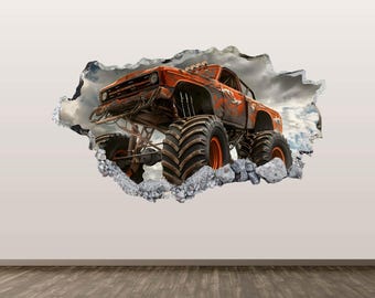 Big Wheels Wall Decal - Wall Sticker Off Road Monster Truck 3D Smashed Wall Art Kids Room Decor Poster Print Custom Gift