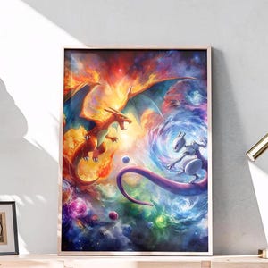 May include: A framed print featuring a vibrant illustration of two mythical creatures in a dynamic battle scene. One is a fiery orange dragon, the other a purple and white creature, set against a colorful cosmic background.