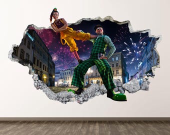 Street Circus Wall Decal - Wall Sticker Clowns Costume 3D Smashed Wall Art Kids Decor Vinyl Home Poster Print Custom Gift Peel and Stick