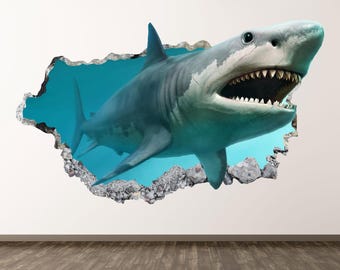 Shark Wall Art Decal Ocean 3D Smashed Wall Sticker Kids Room Decor Vinyl Poster Print Gift