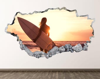 Surf Girl Wall Decal - Wall Sticker Surfer Surfing 3D Smashed Wall Art Kids Room Decor Vinyl Home Poster Print Custom Gift