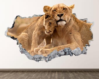 Lions Wall Decal - Wall Sticker Animal Safari 3D Smashed Wall Art Kids Room Decor Poster Print Gift Peel and Stick