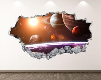 Galaxy Space Wall Decal - Wall Sticker Solar System Planets Milky Way Smashed Wall Art Kids Decor Vinyl Home Poster Print Custom Gift