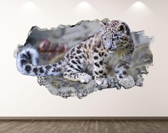 Snow Leopard Wall Decal - Wall Sticker Jungle Animal 3D Smashed Wall Art Kids Decor Vinyl Home Poster Print Custom Gift Peel and Stick