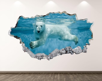 Polar Bear Wall Decal - Wall Sticker Swimming Polar Bear Animal 3D Smashed Wall Art Bedroom Decor Vinyl Home Poster Print Custom Gift