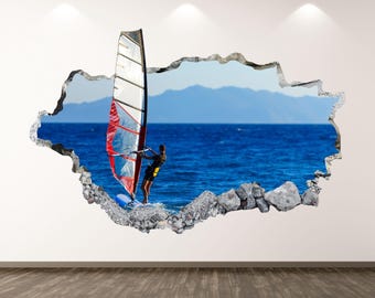 Windsurf Wall Decal - Wall Sticker Water Ocean Sports Smashed Wall Art Kids Decor Vinyl Home Poster Print Custom Gift Peel and Stick