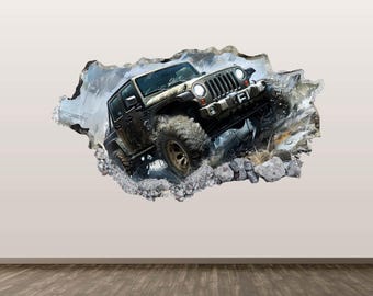 Off Road Wall Decal - Wall Sticker Mountain All-Terrain Truck 4x4 3D Smashed Wall Art Kids Room Decor Poster Print Gift Peel and Stick