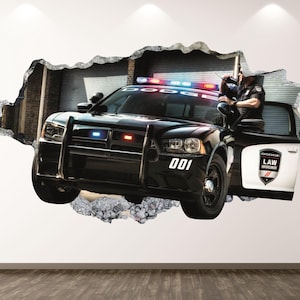 Police Car Wall Decal - Wall Sticker Patrol Smashed Wall Art Kids Decor Vinyl Home Poster Print Custom Gift Peel and Stick