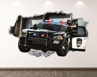 Police Car Wall Decal - Wall Sticker Patrol Smashed Wall Art Kids Decor Vinyl Home Poster Print Custom Gift Peel and Stick