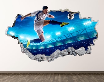 Soccer Player Wall Decal - Wall Sticker Football Sports 3D Smashed Wall Art Kids Decor Vinyl Home Poster Print Custom Gift Peel and Stick