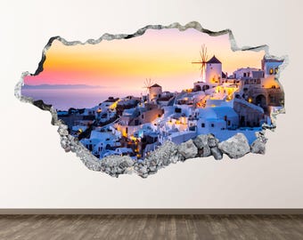 Mykonos Wall Decal - Wall Sticker Greece Landscape 3D Smashed Wall Art Bedroom Decor Vinyl Home Poster Print Custom Gift