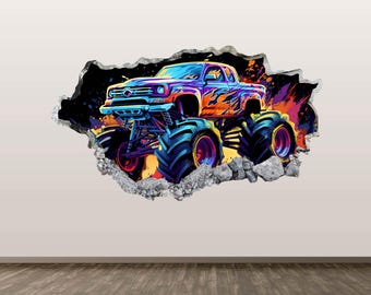 Colorful Monster Truck Wall Decal Off Road Neon Truck Wall Sticker 3D Smashed Art Kids Room Decor Poster Mural Print Peel and Stick