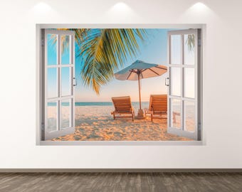 Beach Wall Decal - 3D Window Wall Sticker Sea Tropical Beach View Wall Art Kids Decor Vinyl Home Poster Print Custom Gift